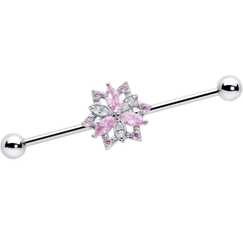 Women's Earrings – Elegant Designs for Every Personality--14 Gauge Pink Clear CZ Gem Snowflake Style Industrial Barbell 38mm