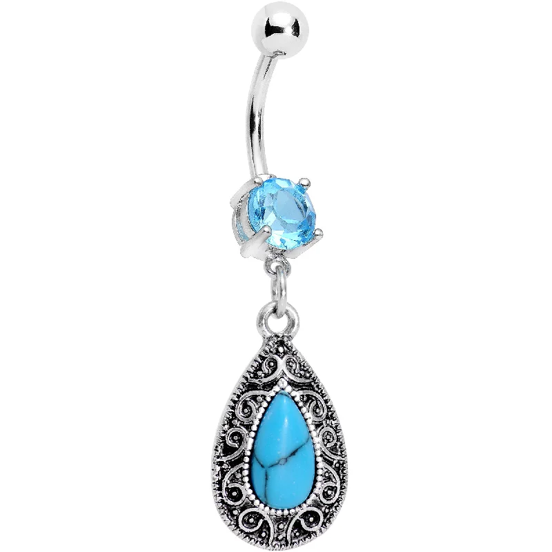 Fashionable Belly Rings with Vibrant Accents -Faux Turquoise Southwestern Dew Drop Dangle Belly Ring Fashionable Belly Rings with Vibrant Accents -Faux Turquoise Southwestern Dew Drop Dangle Belly Ring