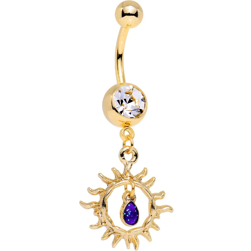 Comfortable Belly Rings with Vibrant Shine -Clear Purple Gem Gold Anodized Tribal Sun Dangle Belly Ring Comfortable Belly Rings with Vibrant Shine -Clear Purple Gem Gold Anodized Tribal Sun Dangle Belly Ring