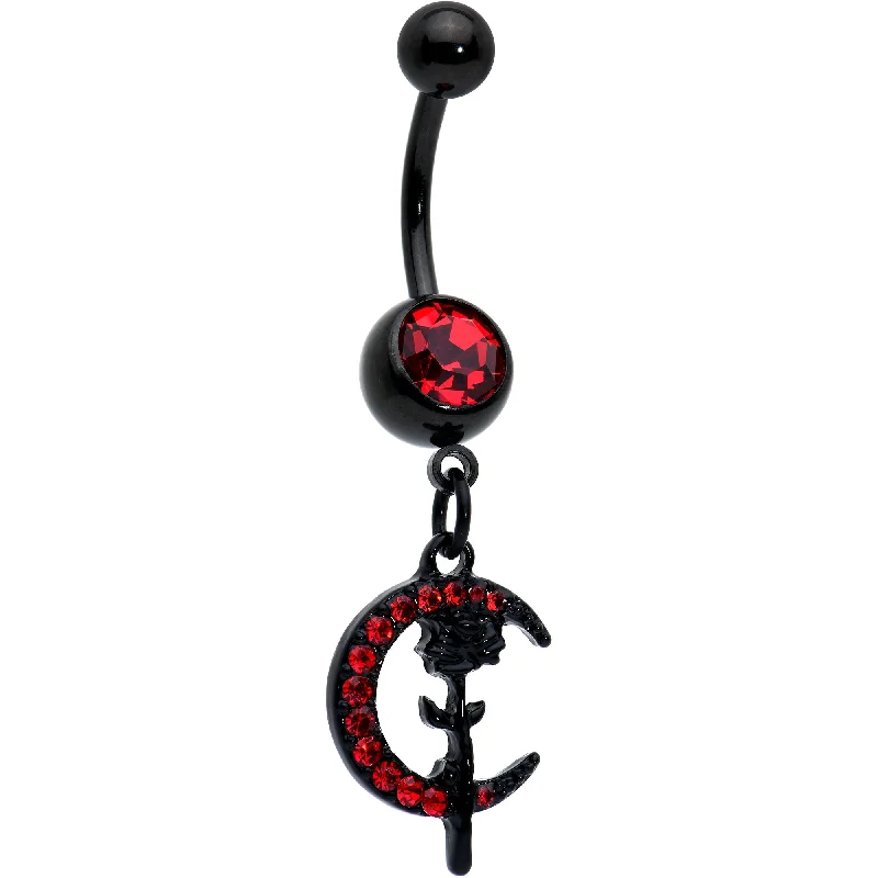 Trendy Belly Rings with Stylish Accents -Red CZ Gem Black Moon Rose Flower Gothic Dangle Belly Ring Trendy Belly Rings with Stylish Accents -Red CZ Gem Black Moon Rose Flower Gothic Dangle Belly Ring