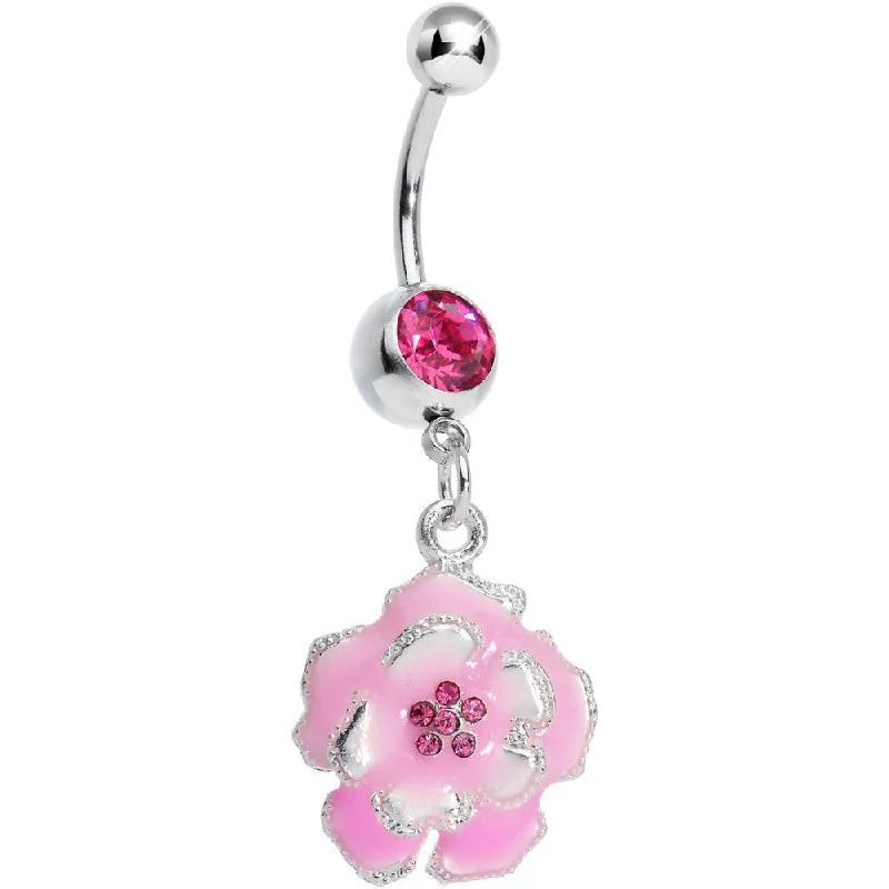 Elegant Belly Rings with Beautiful Accents -Pink Gem Posy Flower Dangle Belly Ring