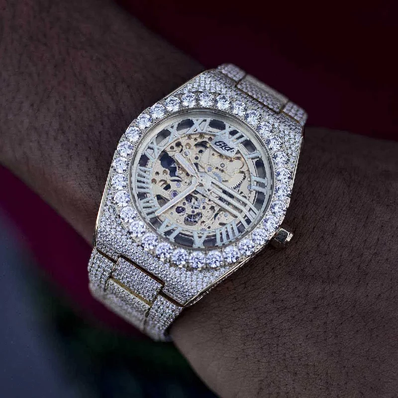 Men's Watches with Bold Design-42MM Iced Alpha Era® Luminous Skeleton Gold