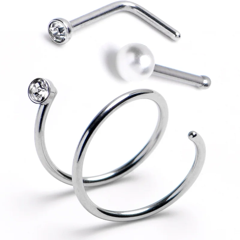 Nose Rings for Boho Style -20 Gauge L-Shape Faux Pearl Nose Bone Gem Twister Double Nose Hoop Ring 3 Pack Nose Rings for Boho Style -20 Gauge L-Shape Faux Pearl Nose Bone Gem Twister Double Nose Hoop Ring 3 Pack