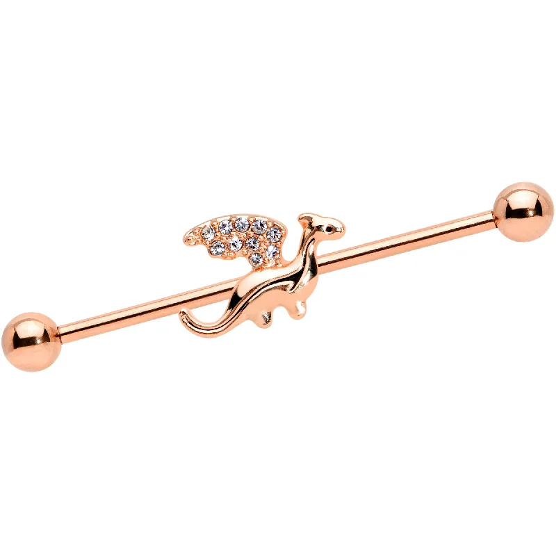 Women's Earrings – Elegant Designs for Every Personality--14 Gauge Clear Gem Rose Gold Tone Dragon Industrial Barbell 38mm