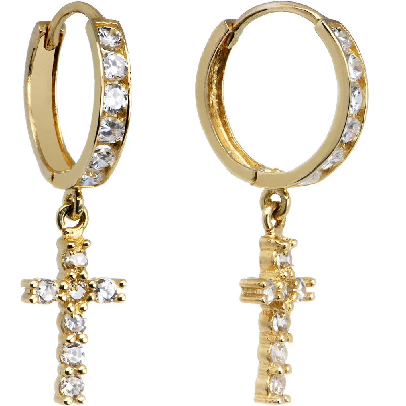 Women's Earrings – Elegant Designs for Every Personality--14kt Yellow Gold CZ Cross Huggy Earrings 8mm Women's Earrings – Elegant Designs for Every Personality--14kt Yellow Gold CZ Cross Huggy Earrings 8mm