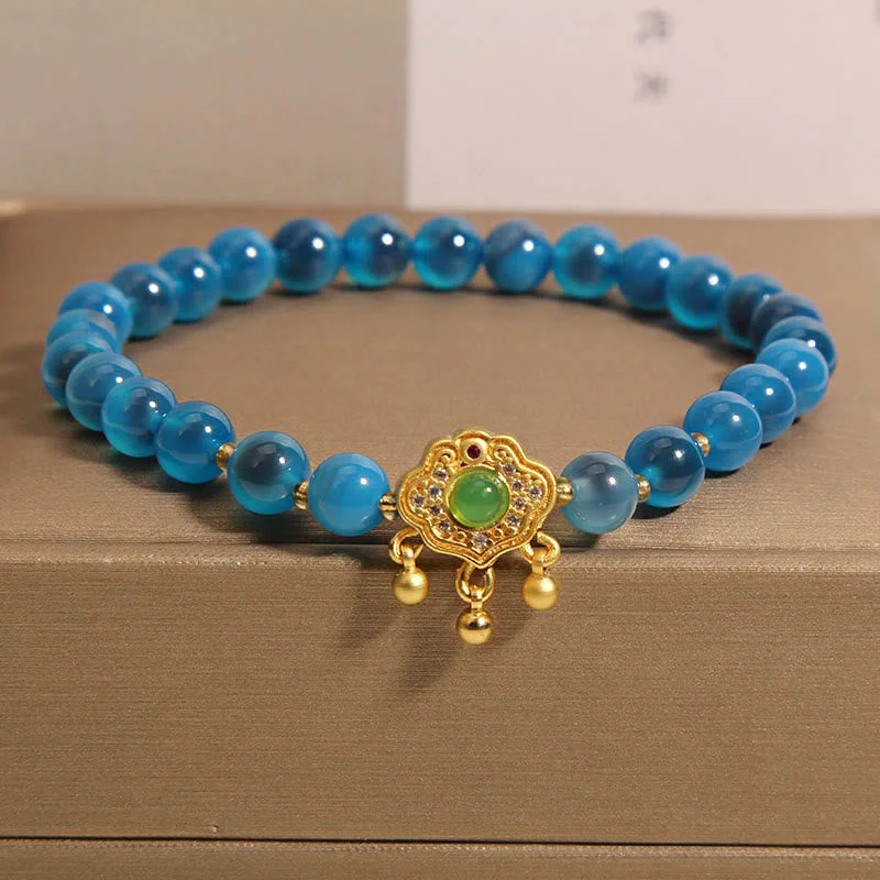 Sparkling Gold Bangles for Women-Buddha Stones Blue Candy Agate Chinese Lock Charm Healing Bracelet Sparkling Gold Bangles for Women-Buddha Stones Blue Candy Agate Chinese Lock Charm Healing Bracelet
