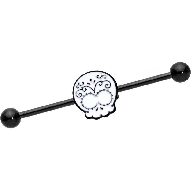 Women's Earrings – Elegant Designs for Every Personality--14 Gauge Black White Calavera Sugar Skull Industrial Barbell 38mm