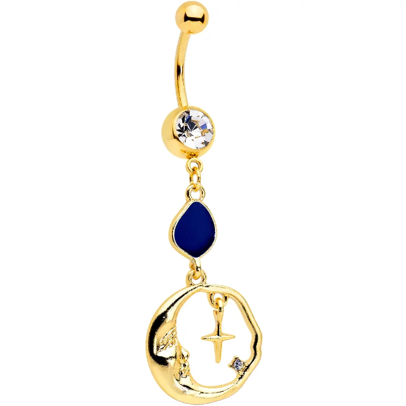 Designer Belly Rings for Unique Fashion -Clear Gem Gold Tone Blue Drop Moon Dangle Belly Ring Designer Belly Rings for Unique Fashion -Clear Gem Gold Tone Blue Drop Moon Dangle Belly Ring