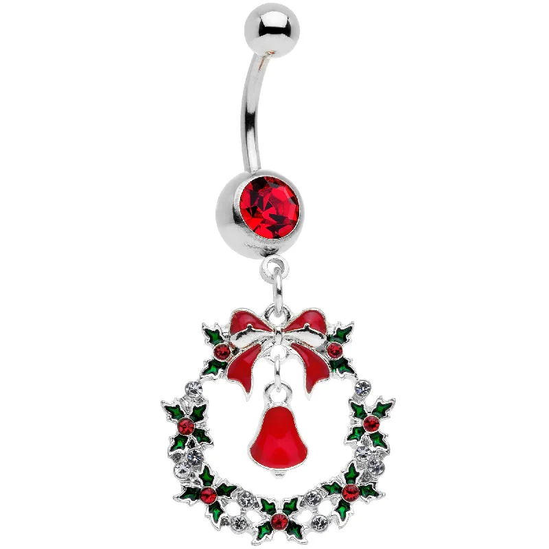 Belly Rings with Beautiful Detailing for Bold Style -Red Gem Holiday Bell Wreath Christmas Dangle Belly Ring Belly Rings with Beautiful Detailing for Bold Style -Red Gem Holiday Bell Wreath Christmas Dangle Belly Ring