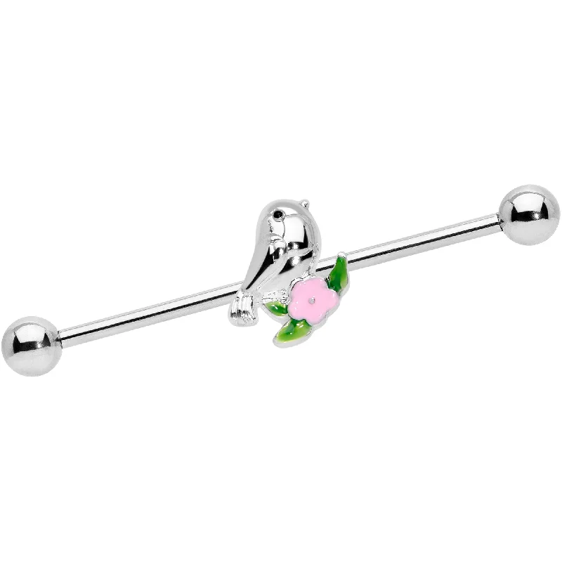 Women's Earrings – Elegant Designs for Every Personality--14 Gauge Bird Pink Flower Industrial Barbell 38mm