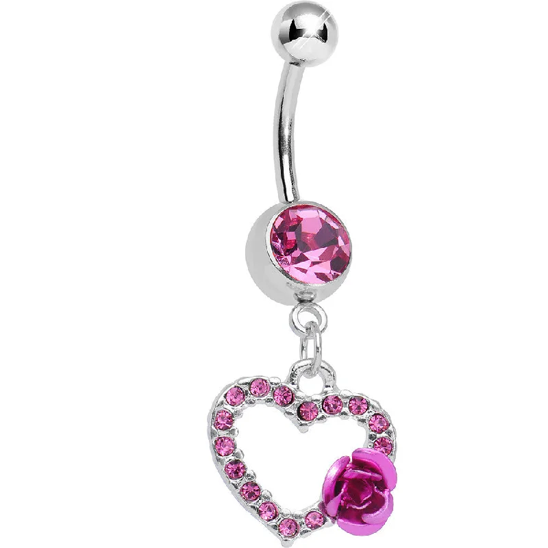 Trendy Belly Rings for Statement Fashion -Pink Gem Paved Hollow Heart with Sweet Rose Flower Dangle Belly Ring Trendy Belly Rings for Statement Fashion -Pink Gem Paved Hollow Heart with Sweet Rose Flower Dangle Belly Ring