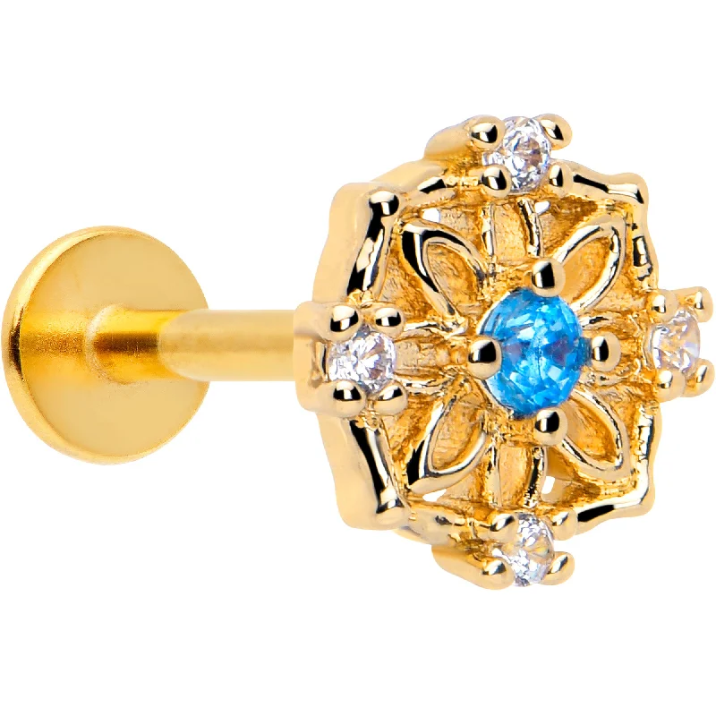 Bold Lip Rings for Daring Looks16 Gauge 5/16 Blue CZ Gem Gold Tone Flower Ring Labret Monroe Tragus
