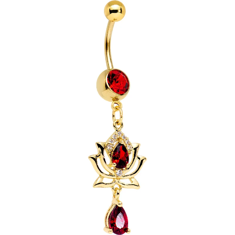 Designer Belly Rings for High-End Fashion -Red Clear Gem Gold PVD Red Hot Lotus Flower Dangle Belly Ring Designer Belly Rings for High-End Fashion -Red Clear Gem Gold PVD Red Hot Lotus Flower Dangle Belly Ring
