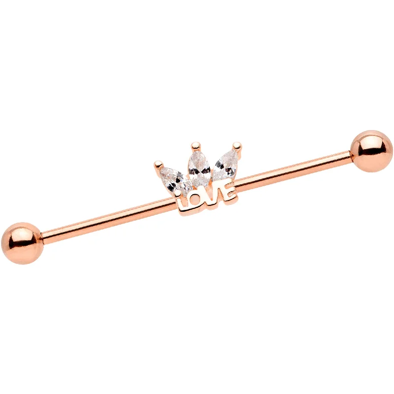 Women's Earrings – Elegant Designs for Every Personality--14 Gauge Clear Gem Rose Gold Tone Crown of Love Industrial Barbell 38mm