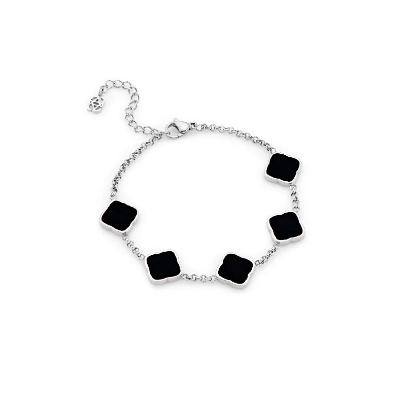 Silver Beaded Bangles for Women-Black Enamel Multi Clover Bracelet (Silver)
