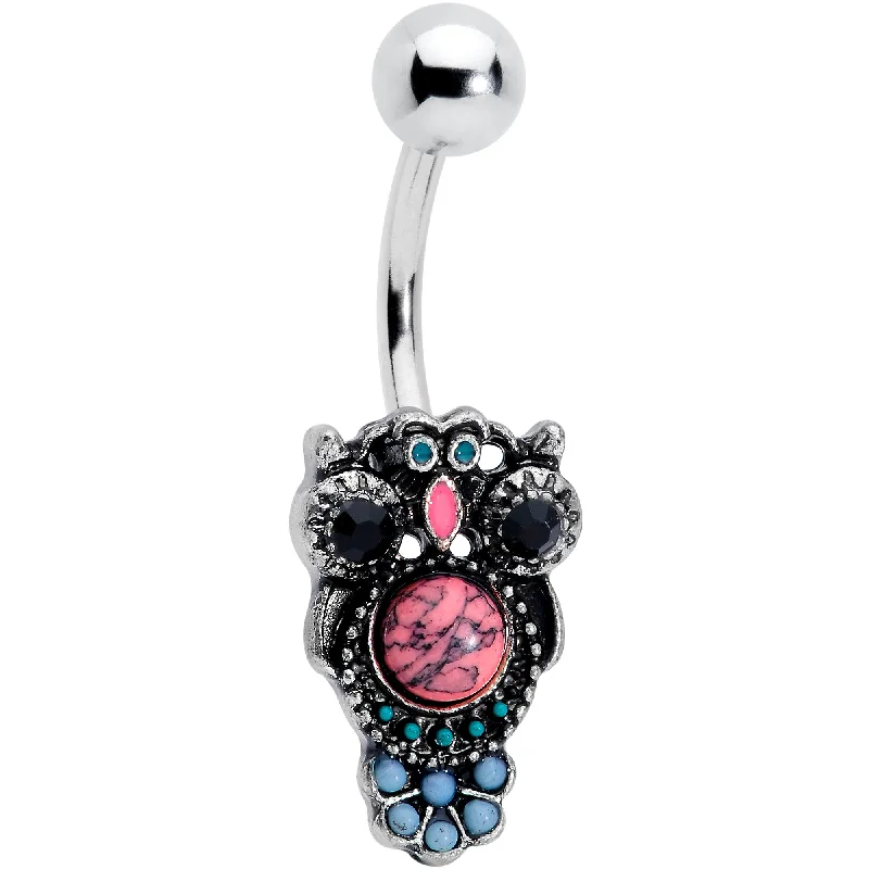 Comfortable Belly Rings with Adjustable Fit -Black Gem Pink Orb Owl Belly Ring