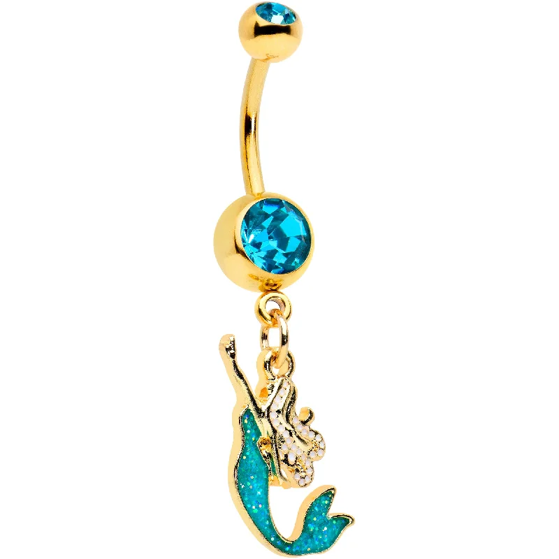 Trendy Belly Rings with Elegant Style -Blue Gem Gold Tone Green Faux Opal Mermaid Dangle Belly Ring Trendy Belly Rings with Elegant Style -Blue Gem Gold Tone Green Faux Opal Mermaid Dangle Belly Ring