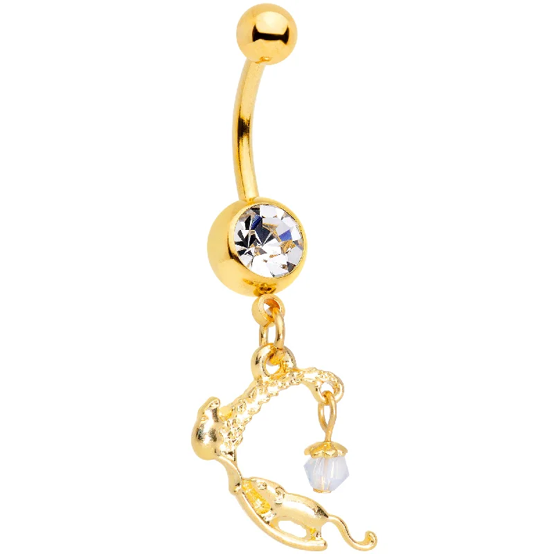 Belly Rings with Unique Designs for Custom Style -Clear Gem Gold Tone Wheat Mice Dangle Belly Ring