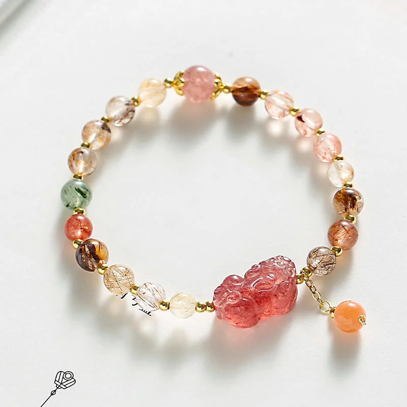 Women's Bangles with Polished Finishes-Buddha Stones Natural Rutilated Quartz Strawberry Quartz PiXiu Wealth Bracelet Women's Bangles with Polished Finishes-Buddha Stones Natural Rutilated Quartz Strawberry Quartz PiXiu Wealth Bracelet