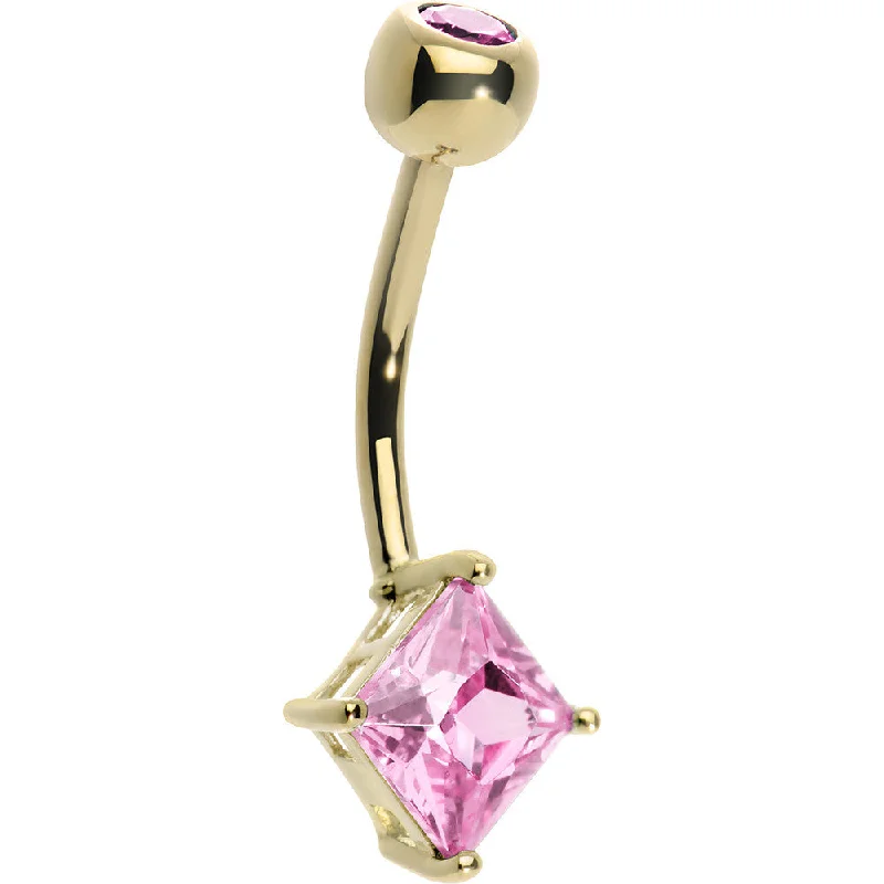 Trendy Belly Rings for Bold Fashion Statements -16 Gauge 14KT Yellow Gold Pink Princess 6mm Cubic Zirconia Belly Ring Trendy Belly Rings for Bold Fashion Statements -16 Gauge 14KT Yellow Gold Pink Princess 6mm Cubic Zirconia Belly Ring