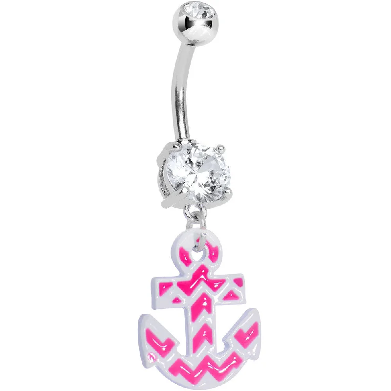 Trendy Belly Rings for Statement Fashion -Clear Gem Pink and White Chevron Anchor Dangle Belly Ring Trendy Belly Rings for Statement Fashion -Clear Gem Pink and White Chevron Anchor Dangle Belly Ring