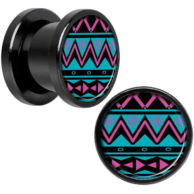 Women's Earrings – Elegant Designs for Every Personality--Pink Teal Tribal Print Black Anodized Screw Fit Plug Set 00 Gauge Women's Earrings – Elegant Designs for Every Personality--Pink Teal Tribal Print Black Anodized Screw Fit Plug Set 00 Gauge