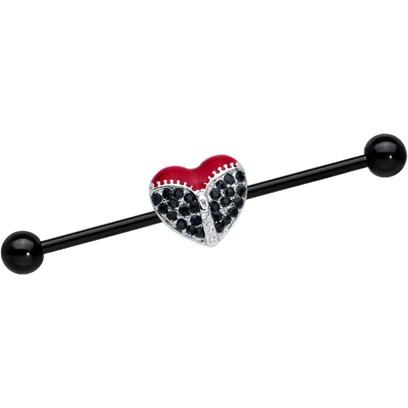 Women's Earrings – Elegant Designs for Every Personality--14 Gauge Black CZ Gem Black Unzipped Heart Industrial Barbell 38mm