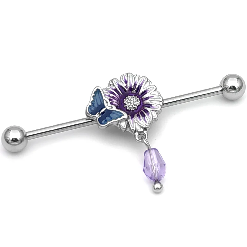 Women's Earrings – Elegant Designs for Every Personality--14 Gauge Purple Gem Passion Flower Dangle Industrial Barbell 38mm