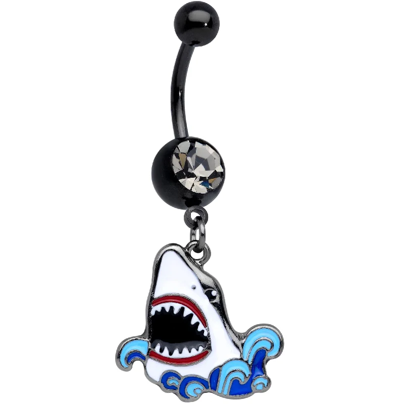 Trendy Belly Rings for Elegant Style -Clear Gem Black Shark Bite Dangle Belly Ring