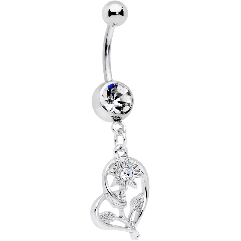 Sparkling Belly Rings for Extra Shine -Clear Gem Blossoming Heart Flower Dangle Belly Ring Sparkling Belly Rings for Extra Shine -Clear Gem Blossoming Heart Flower Dangle Belly Ring