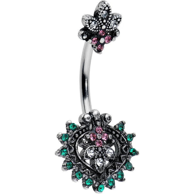 Trendy Belly Rings with Shiny Touch -Clear Green Pink Gem Abstract Opulence Double Mount Belly Ring Trendy Belly Rings with Shiny Touch -Clear Green Pink Gem Abstract Opulence Double Mount Belly Ring