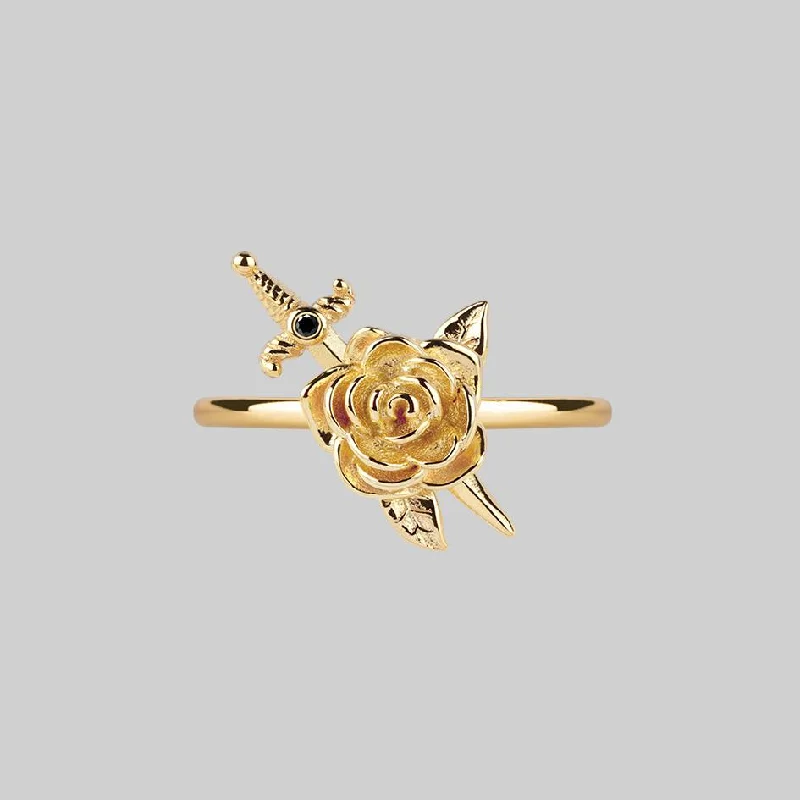 Chic Women's Rings for Fashion-Forward Looks-RHAPSODY. Dagger Through Rose Ring - Gold Chic Women's Rings for Fashion-Forward Looks-RHAPSODY. Dagger Through Rose Ring - Gold