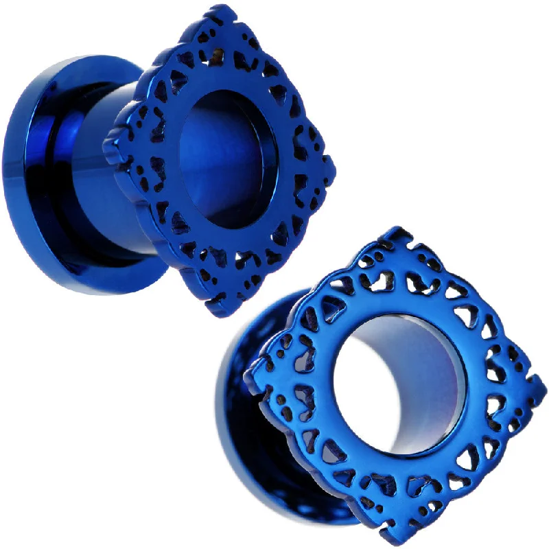 Women's Earrings – Elegant Designs for Every Personality--00 Gauge Blue PVD Filigree Frame Screw Fit Tunnel Plug Set Women's Earrings – Elegant Designs for Every Personality--00 Gauge Blue PVD Filigree Frame Screw Fit Tunnel Plug Set