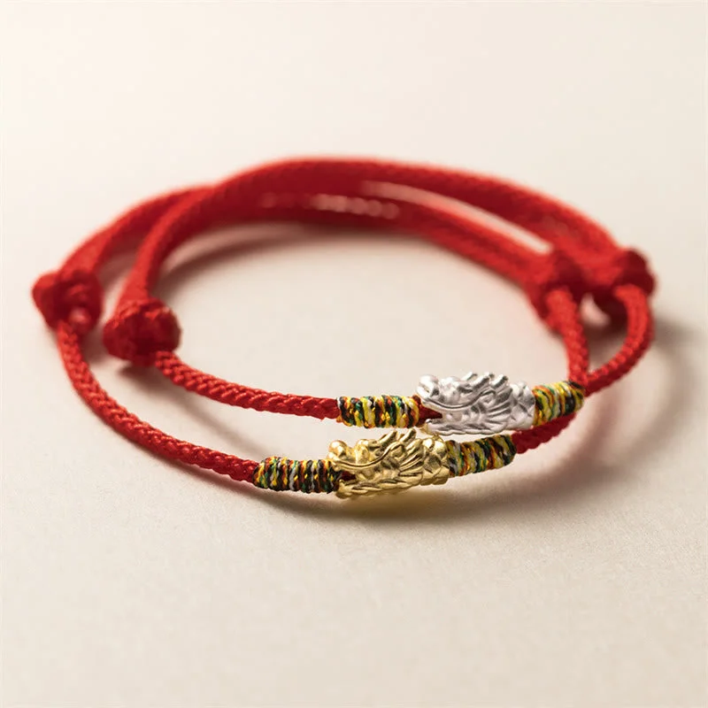 Cool Bracelets for Men-Buddha Stones 925 Sterling Silver Year of the Dragon Luck Strength Red Rope Bracelet