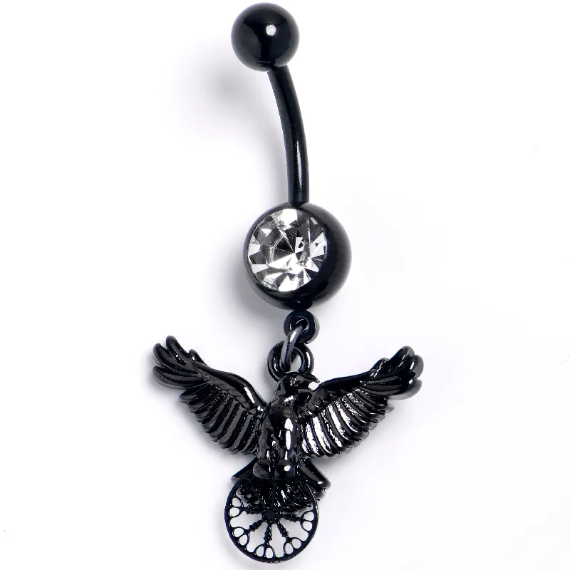 Comfortable Belly Rings with Chic Finish -Clear Gem Black Raven Bird Wheel Dangle Belly Ring Comfortable Belly Rings with Chic Finish -Clear Gem Black Raven Bird Wheel Dangle Belly Ring