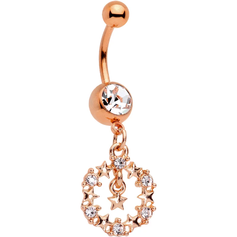 Trendy Belly Rings for Fashion-Forward Women -Clear Gem Rose Gold Tone Constellation of Gems Dangle Belly Ring Trendy Belly Rings for Fashion-Forward Women -Clear Gem Rose Gold Tone Constellation of Gems Dangle Belly Ring