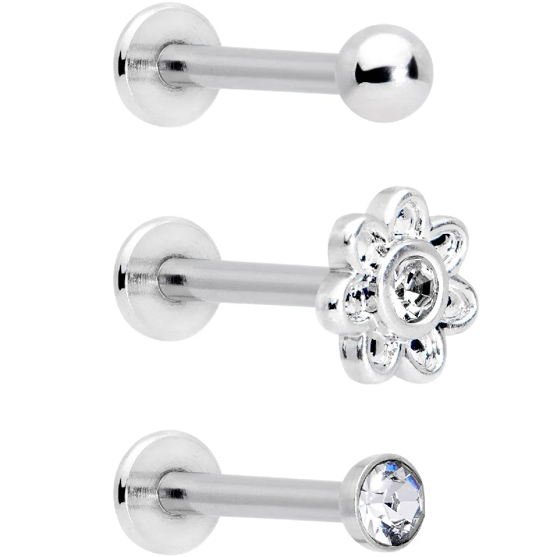 Stylish Lip Rings with Gemstone Details16 Gauge 5/16 Clear Gem Flower Top Labret Tragus Set of Three