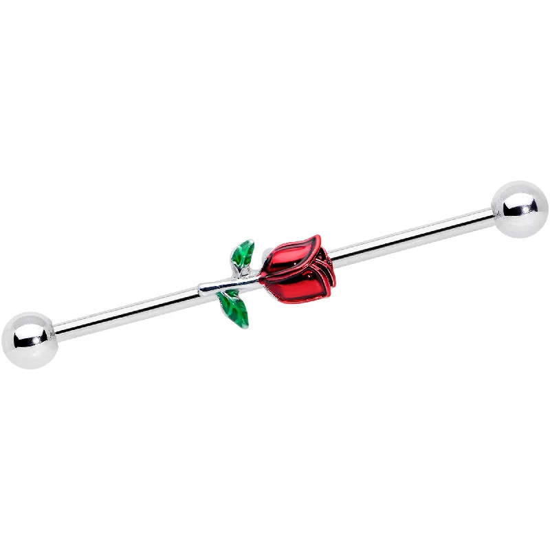 Women's Earrings – Elegant Designs for Every Personality--14 Gauge Red Rose Flower Valentines Day Industrial Barbell 38mm