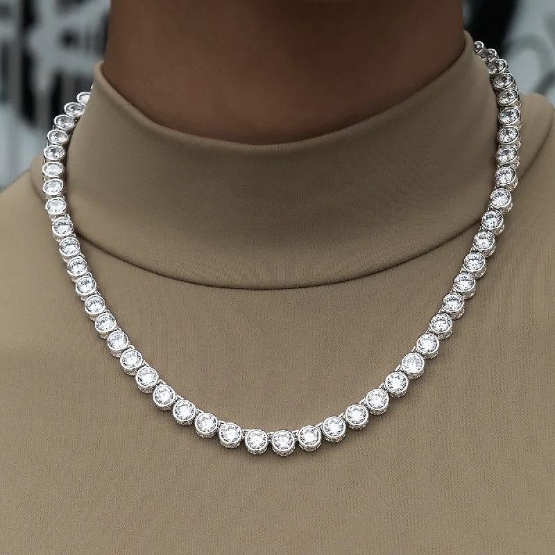 Shop Classic Women's Necklaces & Pendants with a Modern Twist-Bezel Tennis Necklace in White Gold- 5mm Shop Classic Women's Necklaces & Pendants with a Modern Twist-Bezel Tennis Necklace in White Gold- 5mm