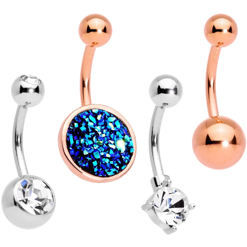 Comfortable Belly Rings with Unique Finish -Clear Gem Blue Faux Druzy Rose Gold Tone Belly Ring Set of 4 Comfortable Belly Rings with Unique Finish -Clear Gem Blue Faux Druzy Rose Gold Tone Belly Ring Set of 4