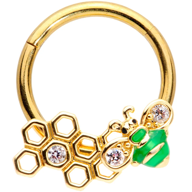 Designer Nose Rings for Statement Fashion -16 Gauge 3/8 Clear Gem Gold Tone Green Bee Hinged Segment Ring Designer Nose Rings for Statement Fashion -16 Gauge 3/8 Clear Gem Gold Tone Green Bee Hinged Segment Ring