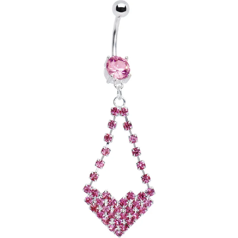 Stylish Belly Rings for Bold Statements -Pink Gem Cluster Heart Dangle Belly Ring