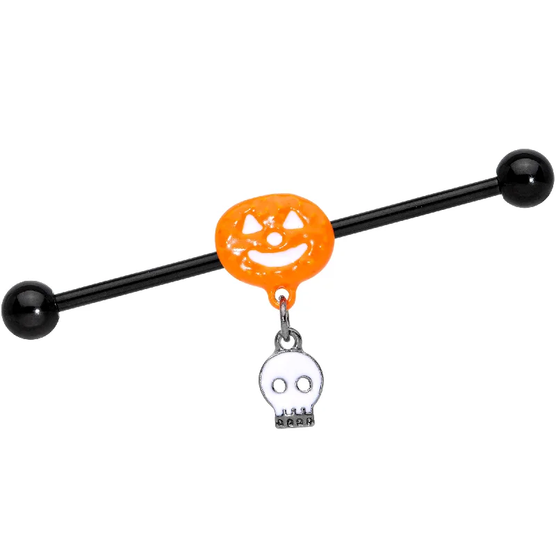 Women's Earrings – Elegant Designs for Every Personality--14 Gauge Orange Pumpkin Skull Halloween Dangle Industrial Barbell 38mm