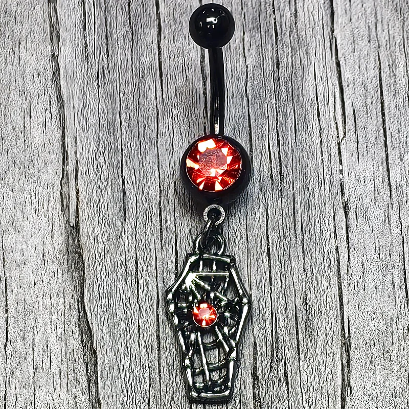 Comfortable Belly Rings for Fashion-Loving Women -Red Gem Black Spider Coffin Dangle Belly Ring Comfortable Belly Rings for Fashion-Loving Women -Red Gem Black Spider Coffin Dangle Belly Ring
