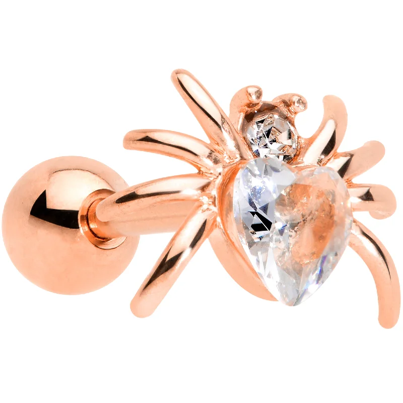 Women's Earrings – Elegant Designs for Every Personality--16 Gauge 1/4 Clear Gem Rose Gold Tone Heart Spider Cartilage Tragus