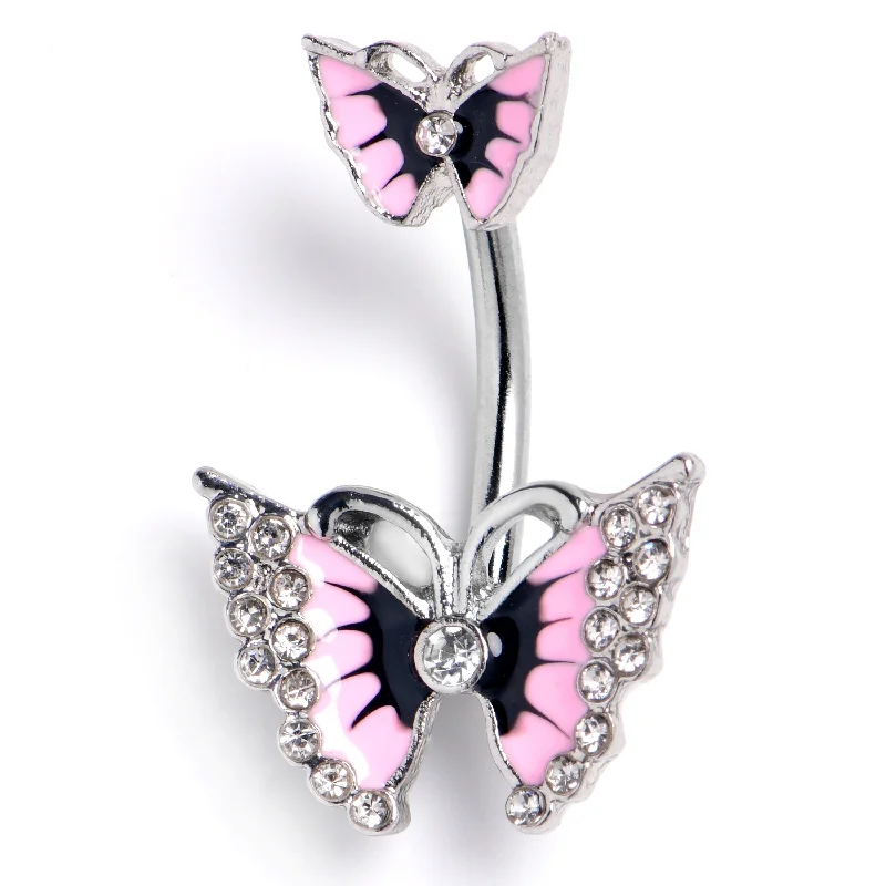 Comfortable Belly Rings for Exclusive Appeal -Clear Gem Graceful Butterfly Pink Double Mount Belly Ring Comfortable Belly Rings for Exclusive Appeal -Clear Gem Graceful Butterfly Pink Double Mount Belly Ring
