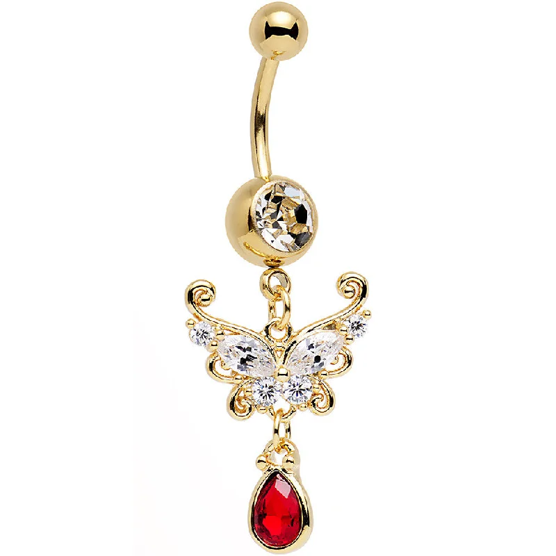 Comfortable Belly Rings with Elegant Touch -Clear CZ Red Gem Drop Gold Anodized Ornate Butterfly Dangle Belly Ring Comfortable Belly Rings with Elegant Touch -Clear CZ Red Gem Drop Gold Anodized Ornate Butterfly Dangle Belly Ring