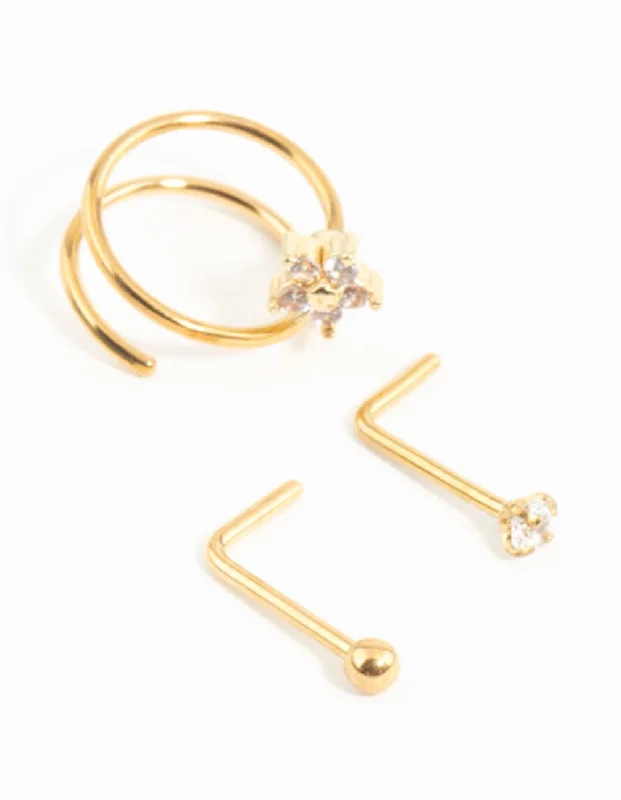Nose Rings for Piercing Style -Gold Plated Surgical Steel Mini Cubic Zirconia Flower Nose Stud & Ring 3-Pack Nose Rings for Piercing Style -Gold Plated Surgical Steel Mini Cubic Zirconia Flower Nose Stud & Ring 3-Pack