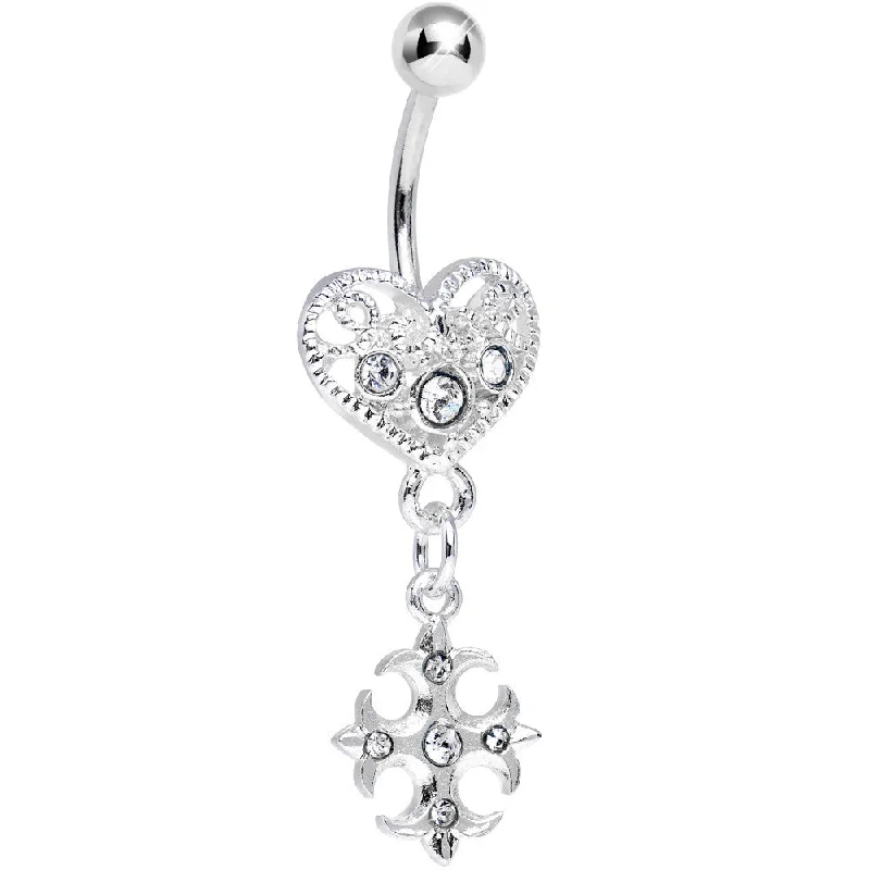 Designer Belly Rings for Elegant Style -Crystalline Gem Heart with Gothic Cross Dangle Belly Ring Designer Belly Rings for Elegant Style -Crystalline Gem Heart with Gothic Cross Dangle Belly Ring
