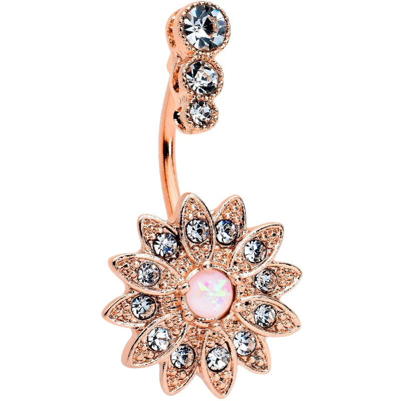 Trendy Belly Rings for Unique Fashion -White Faux Opal Clear Gem Rose Gold Tone Triple Drop Floral Belly Ring Trendy Belly Rings for Unique Fashion -White Faux Opal Clear Gem Rose Gold Tone Triple Drop Floral Belly Ring
